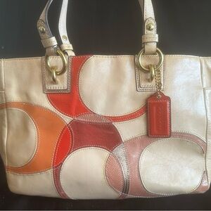 Coach Cream Leather Tote with Orange and Red Circular Patchwork